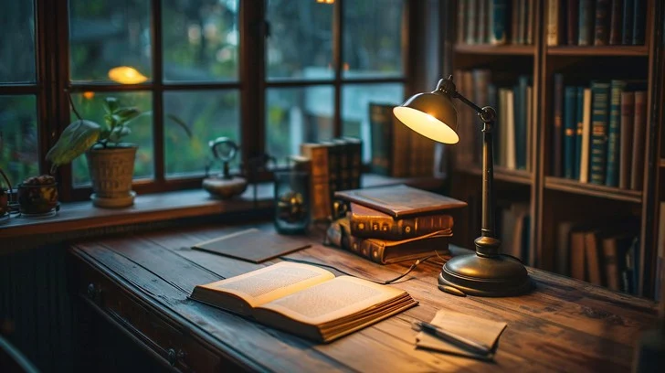 An open planning journal on a wooden desk next to a pen and a warm desk lamp, set up for an evening review and next-day preparation session